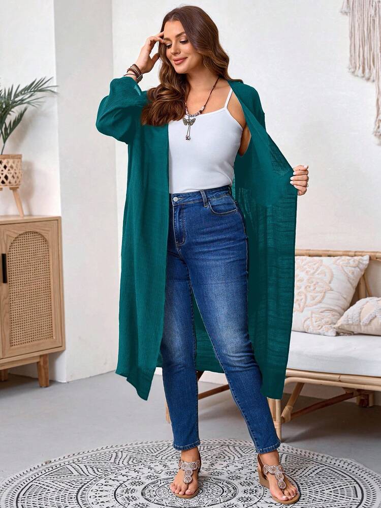 Plus Size Solid Color Loose Casual Jacket With Pockets, Versatile For Daily Wear