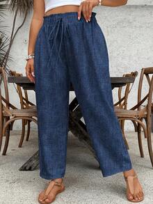 SHEIN VCAY Pantalones casuales de uso diario de unicolor con cordón en la cintura para mujeres de talla grande - Multicolor - Ver 4