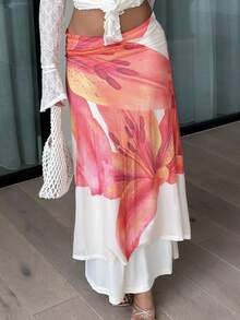 LHSEPT 针织网眼印花低腰紧身美人鱼下摆女式裙子 - 杏色 - 查看 6