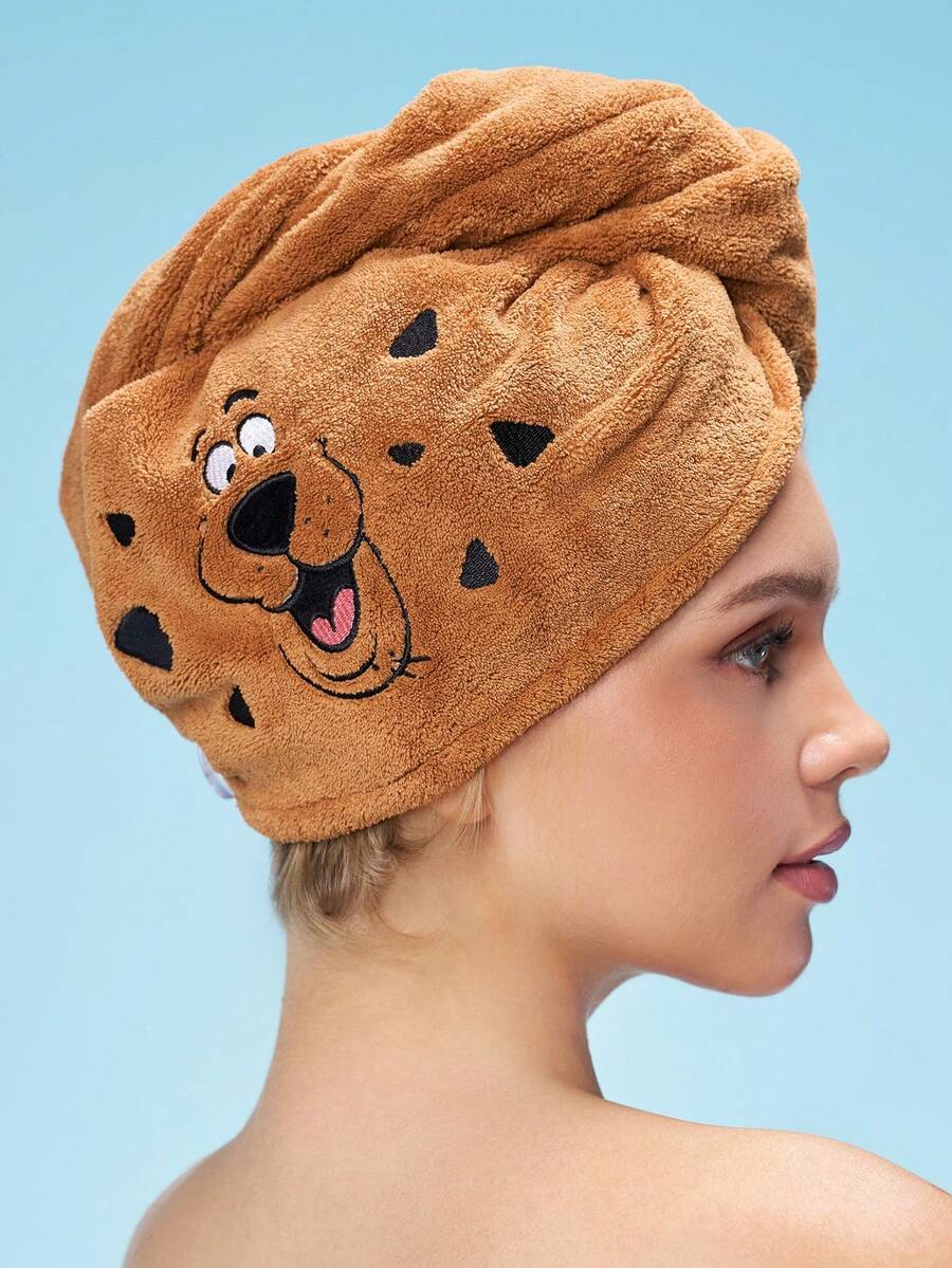 SCOOBY-DOO X SHEIN 1Pc Cute Cartoon Embroidered Dry Hair Cap, Super Absorbent Dry Hair Cap, Suitable For Various Hair Qualities And Quantities, Water Absorption And Easy Drying - Brown - View 1