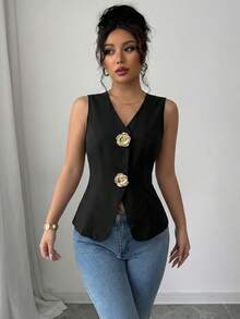 Chaleco de mujer con cuello en V, corte ajustado, decorado con botones dorados y rosas, adecuado para el trabajo, uso diario en la oficina y ropa casual.Camisa elegante y a la moda para mujer, último modelo, blusa elegante para mujer. - Negro 3 - Ver 6