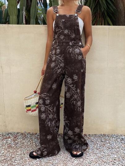 Livesso Brown Print Sleeveless Loose Denim Jumpsuit & Overalls For Women