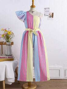 SHEIN Bộ áo liền quần không tay dáng rộng, in họa tiết ombre, thích hợp cho bé gái (có thắt lưng), phù hợp cho mùa xuân, hè, kỳ nghỉ, du lịch. - Nhiều màu - Xem 6