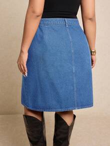 Elaquor Minifalda vaquera recta, versátil y casual con bolsillos para mujer de talla grande - Azul lavado medio - Ver 2