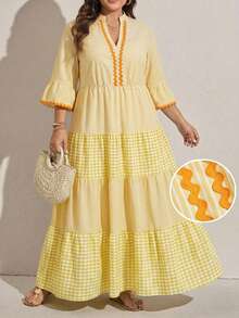 SHEIN LUNE Plus Size Summer Vacation Striped & Plaid Splice Notched Neck Dress Fall - Yellow - View 1