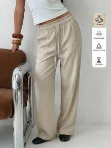 SHEIN EZwear Khaki Woven Women's Drawstring Waist Wide Leg Loose Pants - Khaki - View 7