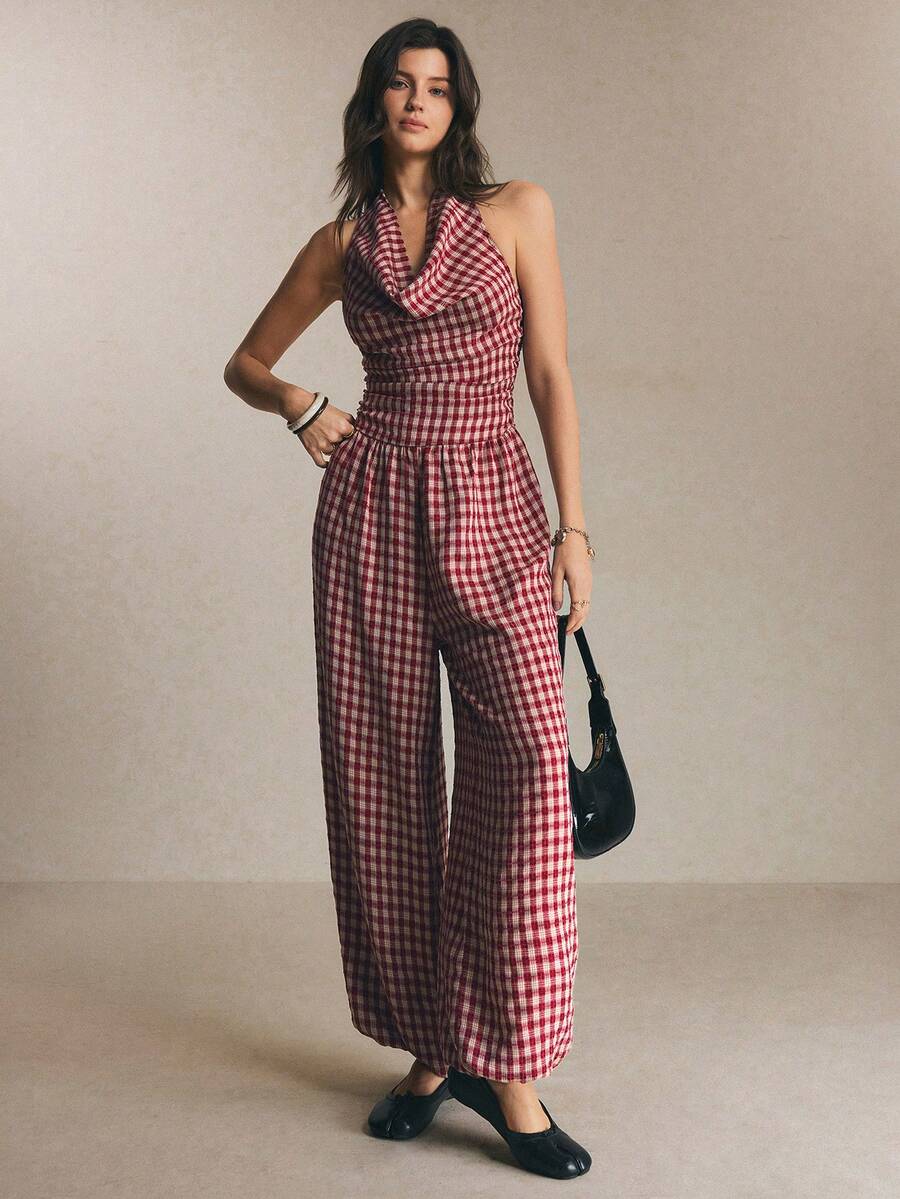 Poéselle Bộ jumpsuit nữ kẻ caro cổ yếm hở lưng, phong cách thường ngày mùa hè. - Đỏ - Xem 1