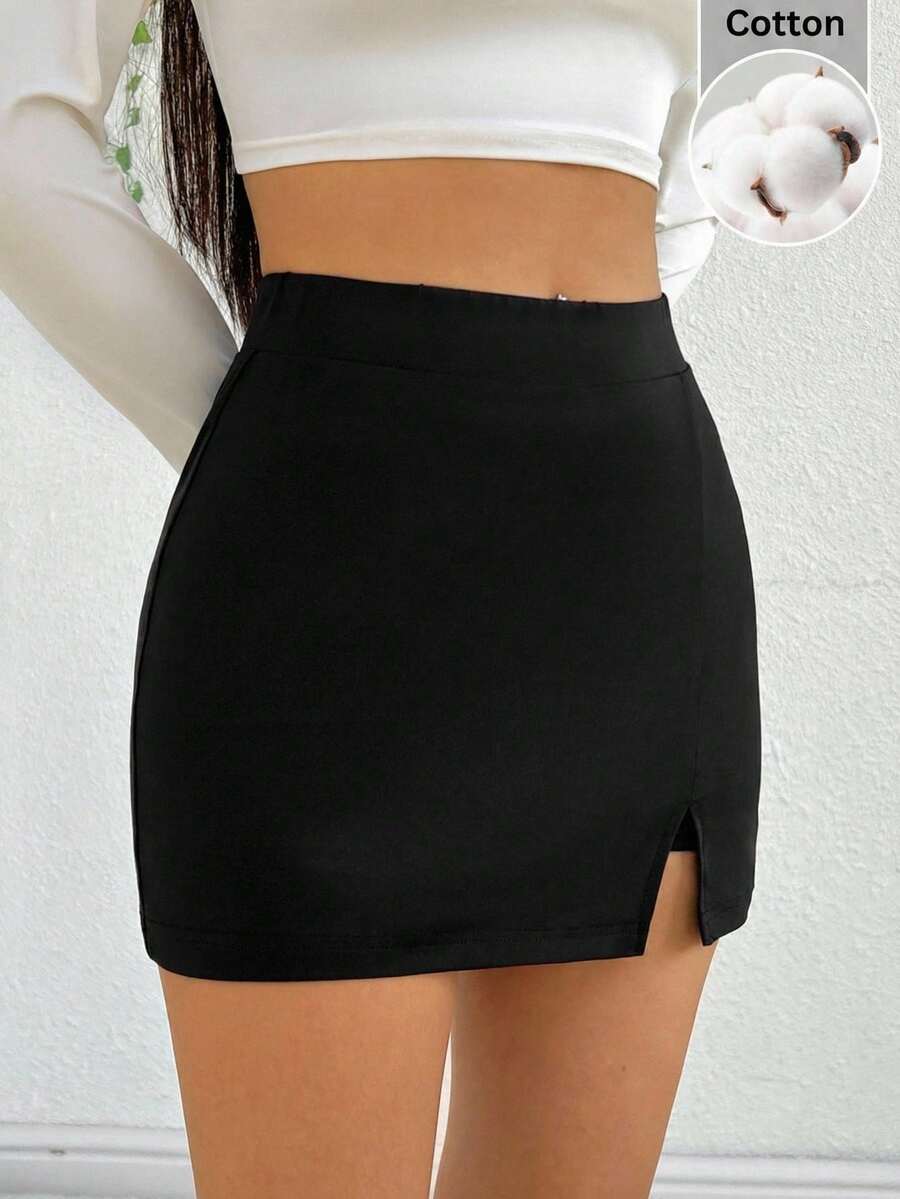 SHEIN EZwear Falda minimalista de verano de corte ajustado y abertura en el bajo, versátil para mujeres - Negro - Ver 1