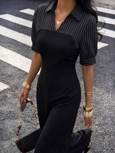 Firerie Women's Elegant Minimalist Fashion Commuter Urban Chic New Striped Bandeau 2 In 1 Short Sleeve High Waist Black Wide Leg Jumpsuit, Spring/Summer