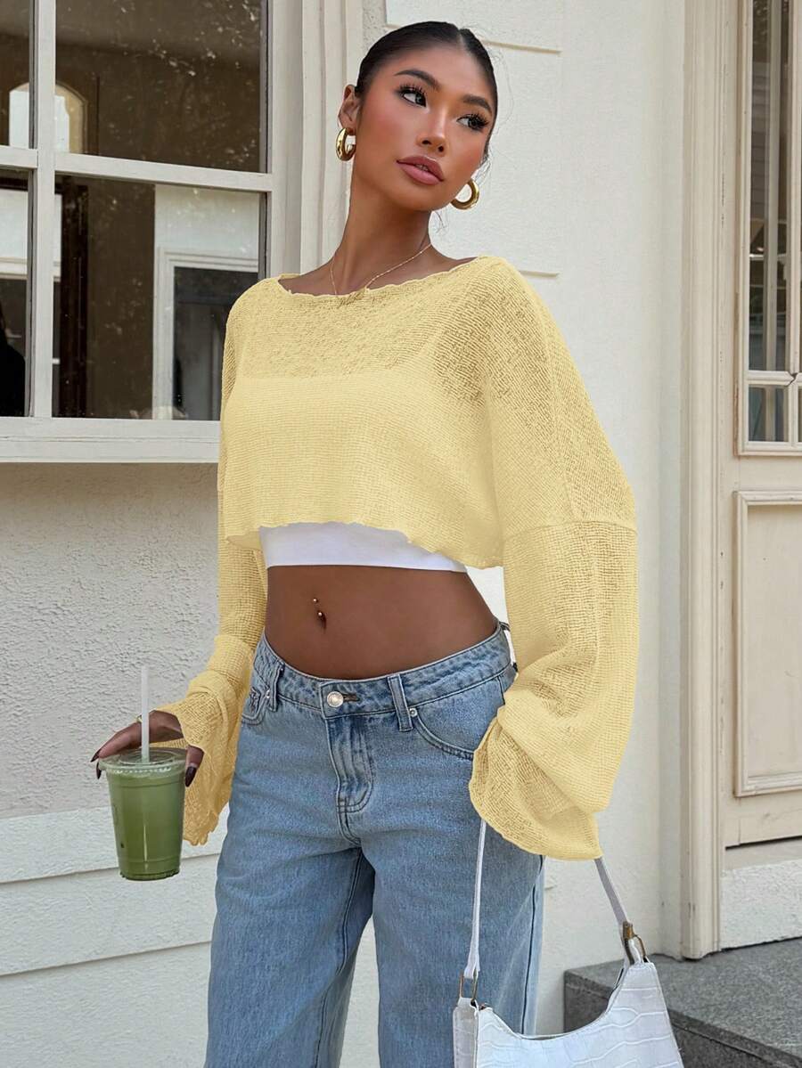 SHEIN Muchic 浅黄色薄纱短款针织女式上衣 - 鵝黃色 - 查看 1