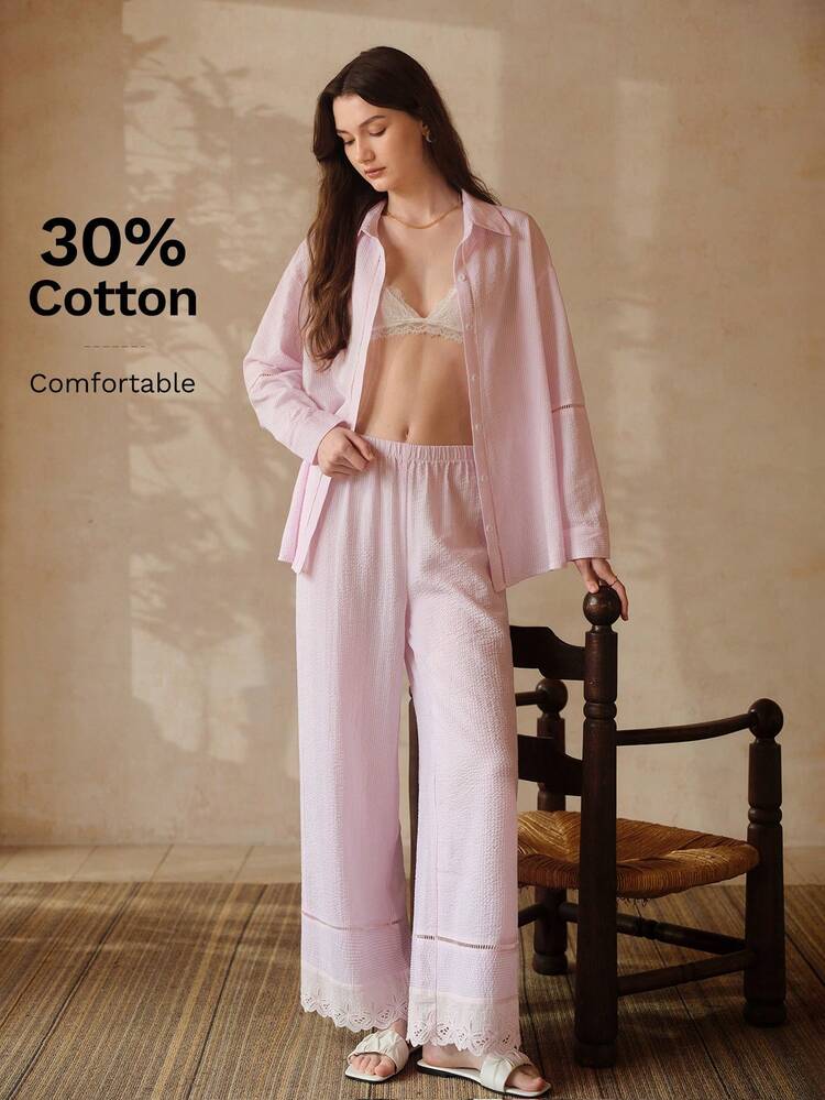 WOMEN'S STRIPED BUTTON FRONT TOP AND PANTS PAJAMA SET