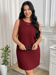 SHEIN LUNE Gaun Kasual Tanpa Lengan Leher Bulat Warna Polos Motif Bunga untuk Wanita Ukuran Besar - Burgundy - View 1