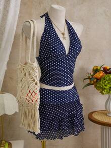 Bellisia Conjunto de traje de baño de verano para mujer de 3 piezas, top de bikini con estampado de lunares y escote halter, combinado con falda de volantes multicapa - Azul Marino - Ver 3