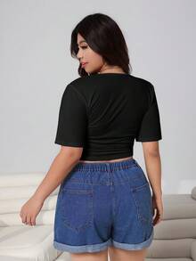 Solflare Plus Size Black Sommar Smart Casual Everyday Tee,Square Neck,Ruffle Short Sleeve,Cinched Waist,Curved Hem,Stretchy Knit,Casual Versatile Tee For Women - Black - View 2