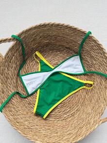 Swim Mod Bộ đồ đi biển 2 món dành cho nữ, thời trang dễ thương, gợi cảm, thích hợp cho kỳ nghỉ bên bờ biển, hồ bơi, tiệc tùng, kiểu Brazil, gồm áo crop top cổ yếm in chữ và quần bikini hai dây. - Nhiều màu - Xem 2