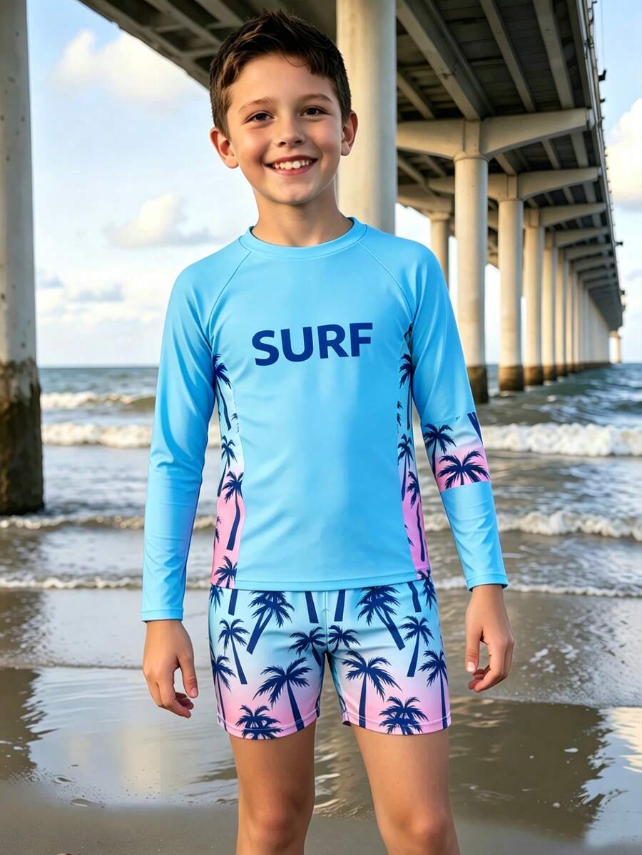 SHEIN Tween Boys Aqua Blue Swimwear Set,Ombre Palm Tree Print Long Sleeve Rash Guard And Swim Trunks,Funny Colorblock Letter Graphic,Summer Vacation Holiday - Blue - View 1