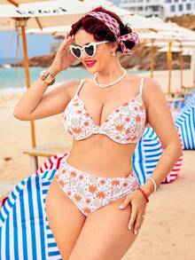 Swim Mod 大码女式两件套随机印花带衬垫背心式泳衣套装 - 芥末黃 - 查看 5