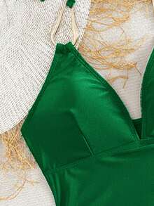 Swim Chiccia Tankini elegante y de moda para damas con cuello en V de metal negro, cordón arrugado, para la playa y festivales de música, primavera/verano - Verde - Ver 3