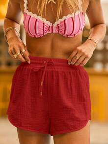 Aralina Beach Drawstring Rope Detail High Waist Summer Vacation Cover Up Shorts Red Alternative - Red - View 7