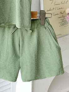 2pcs/Set Young Girls Loose T-Shirt + Contrast Color Pants Casual Daily Fashion Versatile Comfortable Outfit - Green - View 3