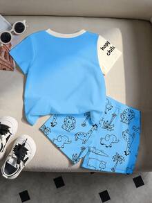 SHEIN Playful Pals Baby Boy Casual Cute Cartoon Animal Print Patchwork Contrast Color Crew Neck T-Shirt And Matching All-Over Animal Print Shorts Set, Suitable For Summer, Korean Style Zoo Tiger Expression Shark Silhouette Contrast Orange And Yellow Cute Patchwork Color Block Design - Multicolor - View 2