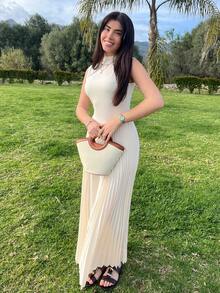 Hitanina Women Elegant Pleated Tight-Fitting A-Line Dress,Summer Dresses For Women,Tea Party Dress - Apricot - View 3
