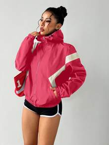 Exploreva Contrast Color Zipper Hooded Loose Casual Sports Jacket - Pink - View 5