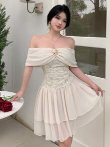 Modelyn Đầm ngắn lãng mạn thắt eo ngọt ngào dành cho phụ nữ - Màu be - Xem 4