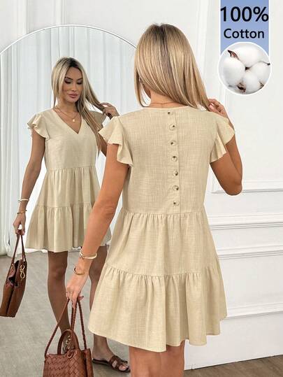 Easowa Vestidos Curtos Femininos com Decote em V e Manga Curta, Roupas Casuais