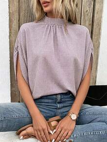 EMERY ROSE Stand Collar Pleated Plaid Print Casual Loose Shirt, Spring/Summer - Khaki - View 6