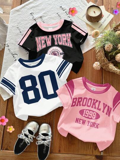 3pcs/Set Baby Girl Retro Sports Classic Colorblock Graphic Tees, White, Light Pink, Navy Blue, Casual Minimalist Short Sleeve Round Neck T-Shirts, Suitable For Spring/Summer Daily Wear, Streetwear, Outings, Vacation, Homecoming, Spring & Summer Fashion, Summer Outfits, Easy Comfort, Layering For Kids, Stylish Kids, Casual Wear, Kids Sports Collegiate Graphic T-Shirts, Back To School, Spring & Summer Clothes, Chic