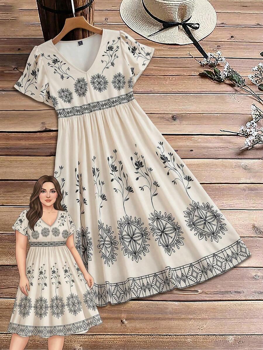 EMERY ROSE Plus Size Elegant Floral Print V-Neck Short Sleeve Dress, Suitable For Summer Vacation - Apricot - View 1