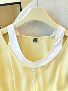 GlowEve CURVE Áo thun nữ cỡ lớn cổ chữ V phối màu tay ngắn dáng rộng thoải mái, thời trang cho mùa xuân/hè, phù hợp mặc hàng ngày, đi làm và đi chơi. - Nhiều màu - Xem 5