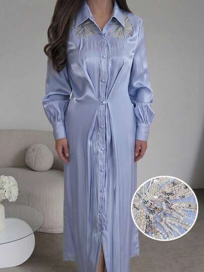 Al Najma New Elegant Ruched Waist Handmade 3D Floral Ruched Cinched Waist Versatile Formal Shirt Dress