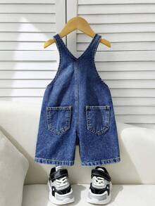 SHEIN Quần yếm denim ống đứng rộng thùng thình, quần short jeans, không có áo phông, dành cho trang phục mùa xuân/hè, quần yếm denim cho trẻ em - Rửa tối - Xem 2