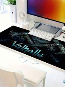 1pc Viking Gaming Desk Mat And Mouse Pad - Nordic Theme Double Axe Design, Featuring Viking Ship And Runic Inscriptions, Non-Slip Rubber Base, Wrist Rest, Washable Polyester Surface, Deep Blue And Golden Viking Art Pattern, Perfect For Gaming Setup And Nordic Enthusiasts. Desk Accessory, Office Supply, Desk Pad, Mouse Pad - multicolor - View 2