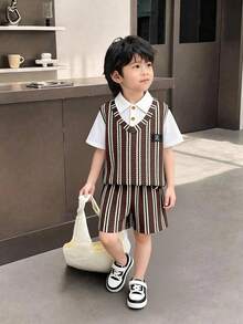 SHEIN Streecool Kids 男童休闲刺绣提花面料短袖上衣和短裤套装（2件套），舒适透气，适合日常休闲户外穿着，春夏季节适用。 - 棕色 - 查看 7
