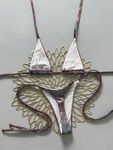 Swim Vcay 2pcs/Set Snake Skin Textured Halter Neck Triangle Bra And Side Tie Thong Bikini Set,Purple Summer Y2k Beach Zebra Print Bathing Suit Swimwear - Multicolor - View 2