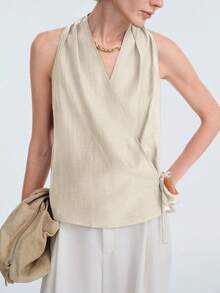 Aalyst Damen Frühling/Sommer Französisch eleganter Luxus minimalistisches Design Lässig Boho Urlaubs-/Büromode Vintage komfortables einfarbiges Leinen Tencel Stoff Kreuzausschnitt geraffter Seitenbindung ärmellos kurzes Hemd - Aprikosenfarben - Übersicht 8