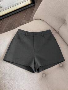 Resyla Women's Solid Color Pocket Button Casual Versatile Daily Wear Shorts - Grey - View 4