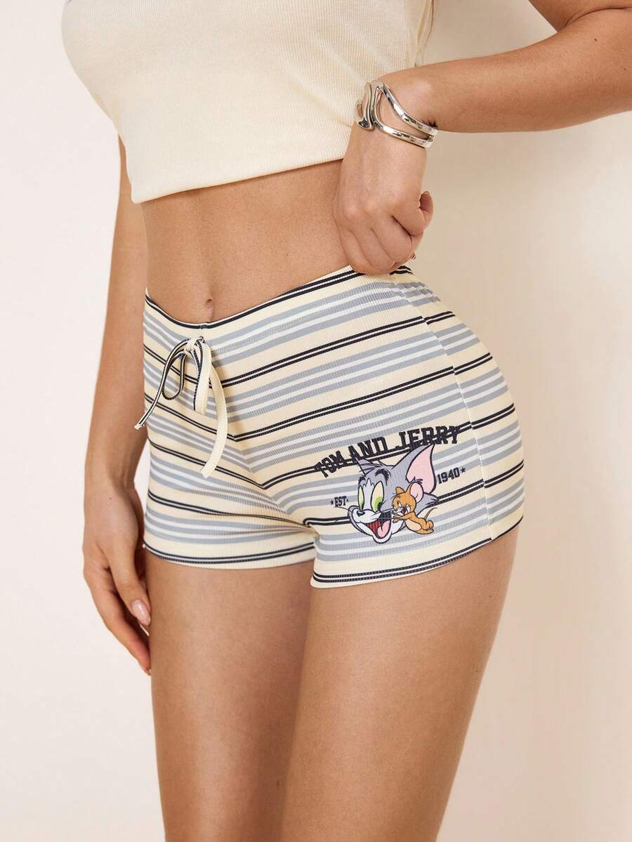 TOM & JERRY X SHEIN Quần short nữ dáng ôm, cạp chun, in chữ và hoạt hình, kiểu dáng thường ngày, đa năng, thích hợp mặc hàng ngày. - Màu be - Xem 1