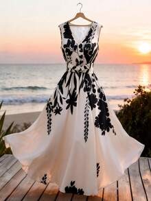 Franclia Petite 女士时尚休闲无袖简约印花连衣裙，收腰喇叭裙摆，适合夏季休闲、春夏通勤、居家、约会、日常、夏季、派对、海滩、毕业典礼、商务办公等场合，百搭时尚，V领扭腰连衣裙，收腰喇叭裙摆，舞会礼服，女士优雅连衣裙，夏季连衣裙，假日连衣裙，派对装扮，海滩装扮，度假连衣裙，性感连衣裙 - 彩色 - 查看 2