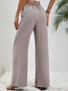 SHEIN Tall Women's Khaki Casual Vacation Style Elastic Waist Drawstring Relaxed Straight Leg Pants - Khaki - View 2