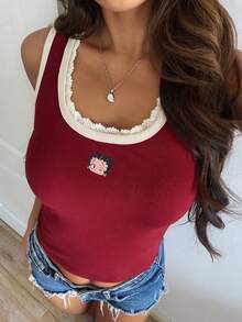Áo camisole mùa hè dành cho nữ, phối ren tương phản, họa tiết hoạt hình, ôm sát. - Đỏ - Xem 5