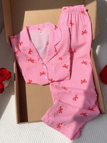 Comfortcana Conjunto de pijama para mujer con mangas cortas, cuello con lazo y estampado a rayas con moño - Rosa - Ver 3