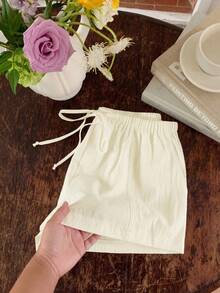 Comfortcana Women's Casual Loose Drawstring Solid Color Shorts, Versatile Daily Wear Cream Linen Shorts - Cream - View 7