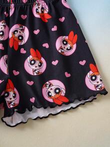 THE POWERPUFF GIRLS X SHEIN Set Piyama Minimalis Atasan Camisole dan Celana Pendek Kasual untuk Anak Perempuan - MultiWarna - View 7