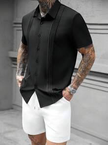 Manfinity CasualCool 男士休闲条纹短袖衬衫短裤套装，夏季款 - 黑與白 - 查看 3