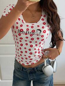 DAZY Women's Casual Lip & Letter Print T-Shirt, Versatile For Daily Wear - Red - View 2