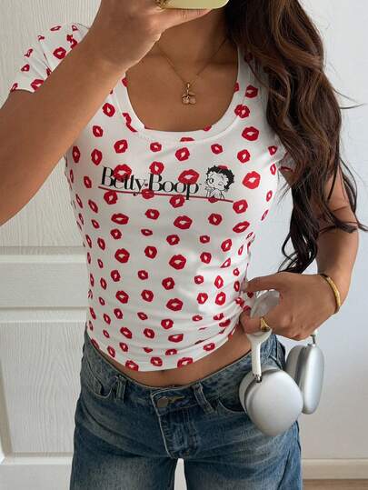 DAZY Women's Casual Lip & Letter Print T-Shirt, Versatile For Daily Wear